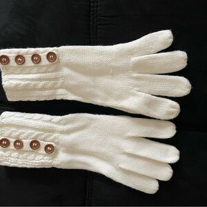 White Knit Gloves with Brown Buttons